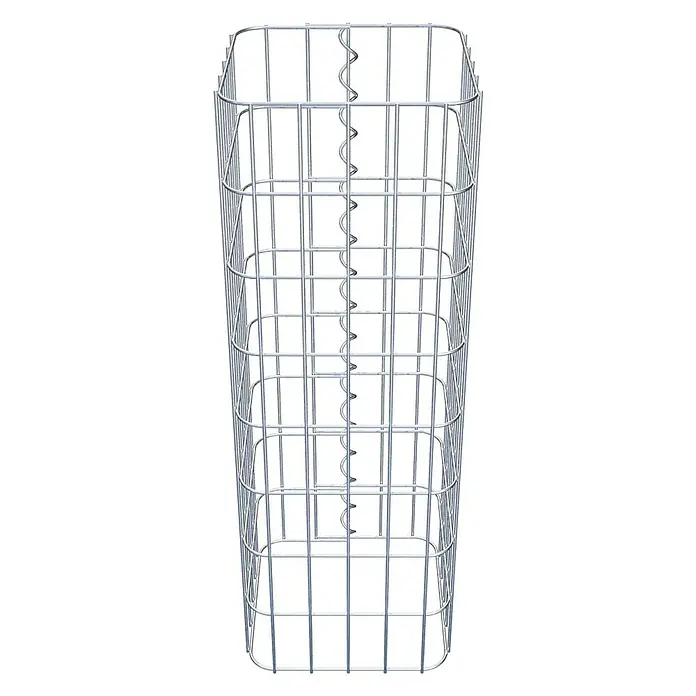 Gabiona Gabionensäule - 27 x 27 x 80 cm, Metall, Maschenbreite: 50 mm, Maschenhöhe: 100 mm - Abbildung eines Gabionenkorbs aus verzinktem Stahldraht, ideal für den Gartenbau. Der Korb hat eine quadratische Form mit spiralförmiger Verstärkung.