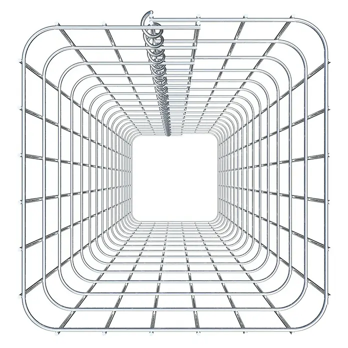 Gabiona Gabionensäule - 32 x 32 x 160 cm, Metall, Maschenbreite: 50 mm, Maschenhöhe: 100 mm - Perspektive eines quadratischen, verchromten Metallgitters, das in einem Tunnel endet, der einen industriellen Look mit einer einzigen Aufhängung bietet.