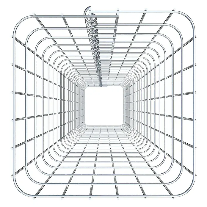Gabiona Gabionensäule - 32 x 32 x 230 cm, Metall, Maschenbreite: 50 mm, Maschenhöhe: 100 mm - Ein Tunnel aus verchromten Metallgittern erzeugt einen faszinierenden perspektivischen Effekt mit einem Lichtpunkt am Ende.