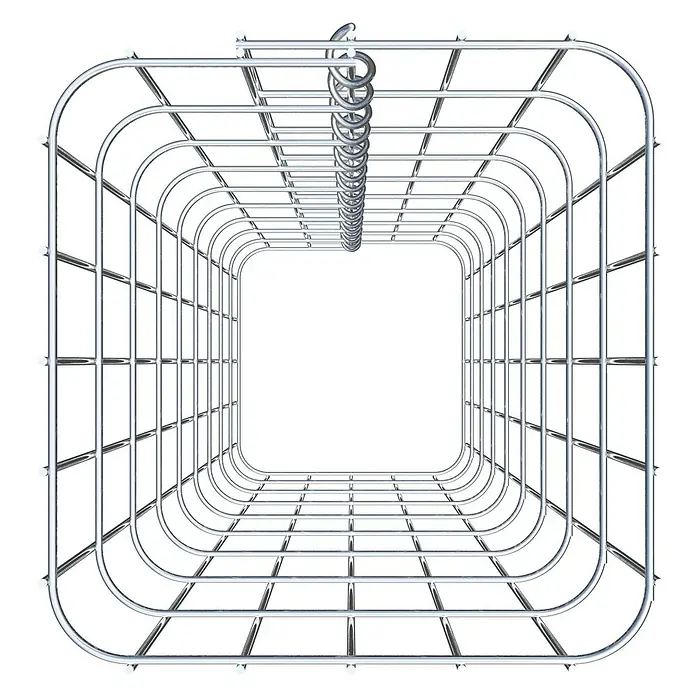 Gabiona Gabionensäule - 27 x 27 x 90 cm, Metall, Maschenbreite: 50 mm, Maschenhöhe: 100 mm - Perspektivische Ansicht eines glänzenden, rechteckigen Duschvorhanghalters aus Metall mit Ringen zur Befestigung des Vorhangs.