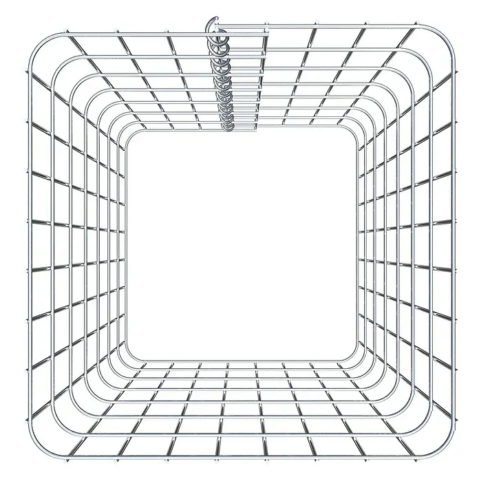 Gabiona Gabionensäule - 42 x 42 x 70 cm, Metall, Maschenbreite: 50 mm, Maschenhöhe: 100 mm - Draufsicht auf ein rechteckiges Kabelrinnensystem aus Drahtgeflecht mit Aufhängungen.
