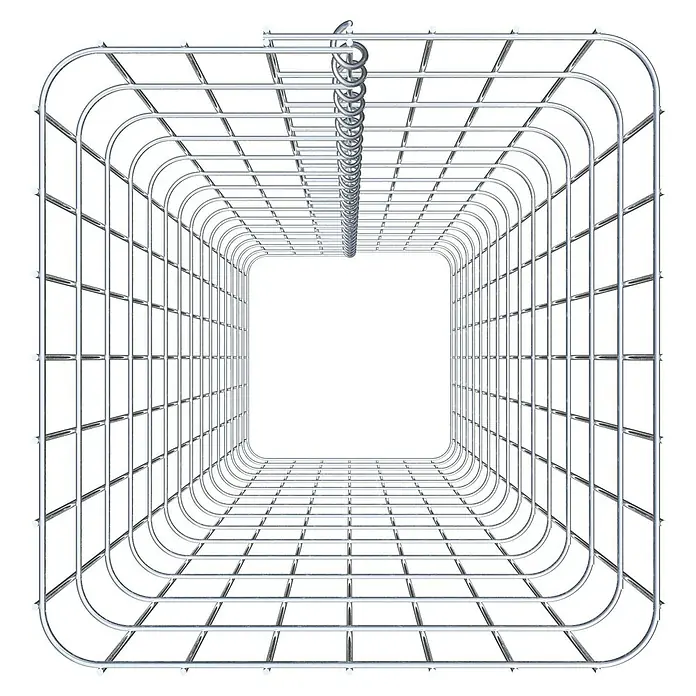 Gabiona Gabionensäule - 37 x 37 x 150 cm, Metall, Maschenbreite: 50 mm, Maschenhöhe: 100 mm - Perspektive in einen Drahtkäfigtunnel mit zentraler Aufhängung.