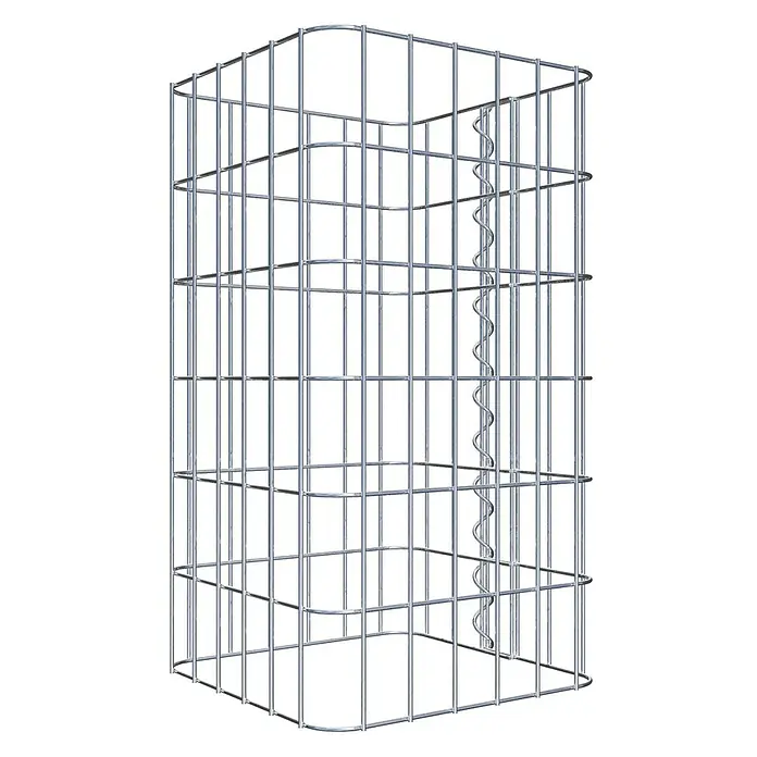 Gabiona Gabionensäule - 32 x 32 x 60 cm, Metall, Maschenbreite: 50 mm, Maschenhöhe: 100 mm - Bild einer leeren Gabione aus Drahtgeflecht. Die Gabione hat eine rechteckige Form und ist mit spiralförmigen Drähten an den Ecken befestigt.