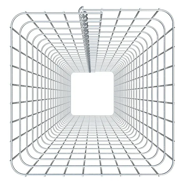 Gabiona Gabionensäule42 x 42 x 230 cm, Metall, Maschenbreite: 50 mm, Maschenhöhe: 100 mm - Draufsicht auf einen rechteckigen, silberfarbenen Geschirrspülerkorb, der eine perspektivische Illusion erzeugt. Praktisches Zubehör für die Küche.