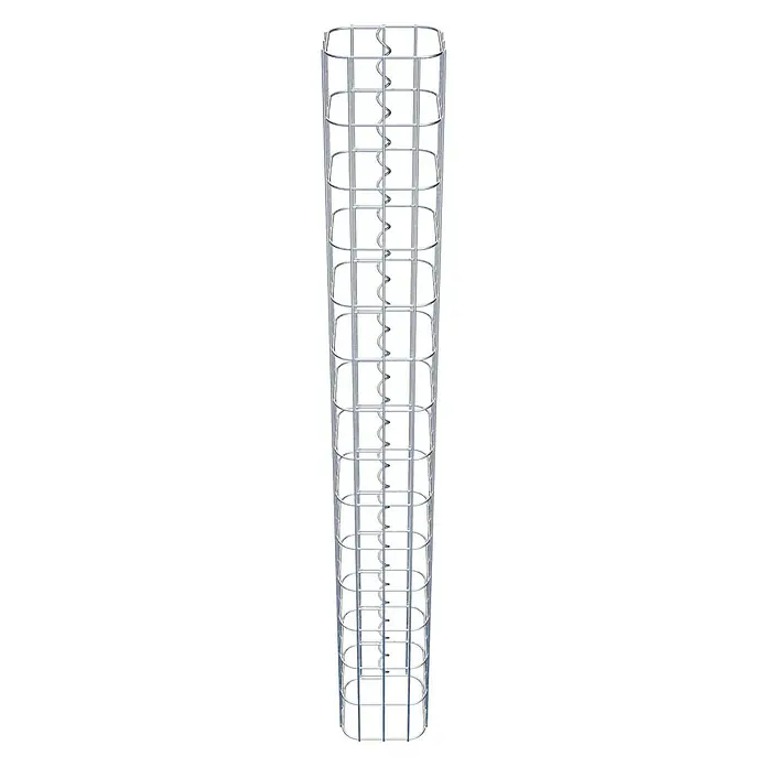 Gabiona Gabionensäule - 17 x 17 x 140 cm, Metall, Maschenbreite: 50 mm, Maschenhöhe: 100 mm - Bild eines silberfarbenen, zylindrischen Tomatenkäfigs mit mehreren horizontalen Ringen und einer zentralen spiralförmigen Stütze.