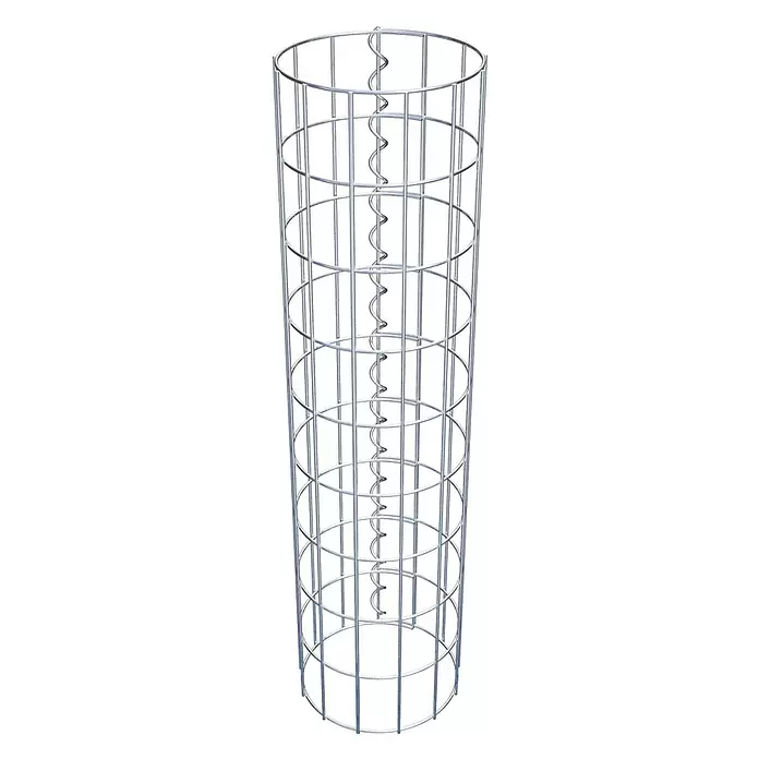 Gabiona Gabionensäule - Durchmesser: 22 cm, Höhe: 90 cm, Stahl, Maschenbreite: 50 mm, Maschenhöhe: 100 mm - Zylindrischer Tomatenkäfig aus silbernem Metall mit vertikalen Stangen, horizontalen Ringen und einer inneren Spiralstütze.
