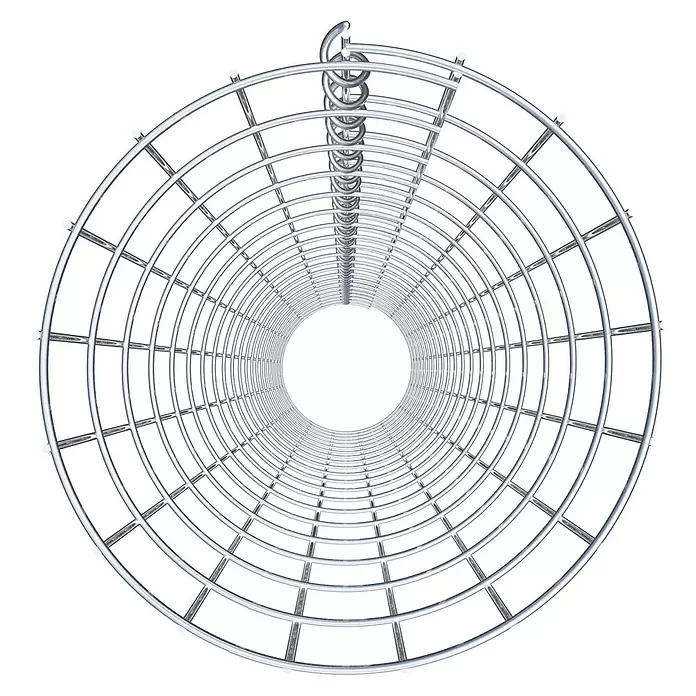 Gabiona Gabionensäule - Durchmesser: 27 cm, Stahl, Maschenbreite: 50 mm, Maschenhöhe: 100 mm, Verschlussart Gabione: Spirale - Silbernes zylindrisches Metallgitter mit Spiralelement, von vorne gesehen.