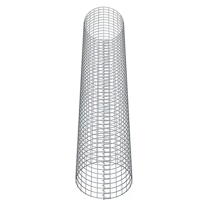 Gabiona Gabionensäule - Durchmesser: 42 cm, Höhe: 220 cm, Stahl, Maschenbreite: 50 mm, Maschenhöhe: 50 mm - Silberfarbener zylindrischer Drahtgitterkäfig aus Metall, wahrscheinlich zur Verstärkung oder Stützung.