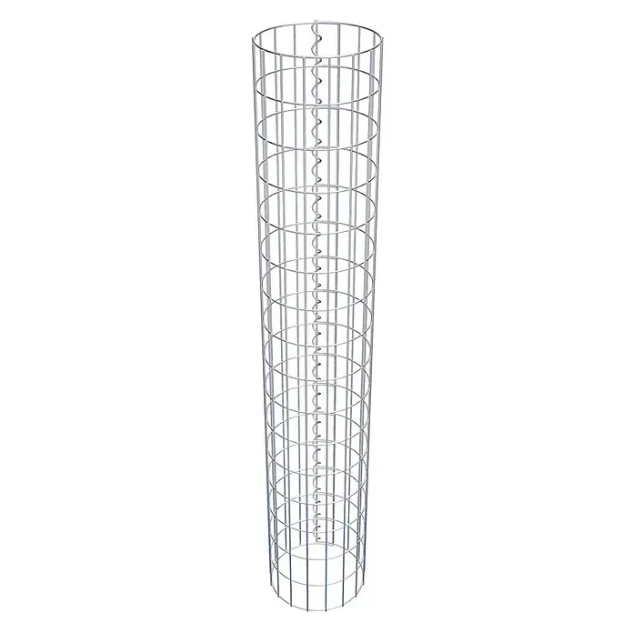 Gabiona Gabionensäule - Durchmesser: 27 cm, Höhe: 160 cm, Stahl, Maschenbreite: 50 mm, Maschenhöhe: 100 mm, Spirale - Zylindrischer Pflanzenstützkäfig aus silberfarbenem Metall mit vertikalen Stäben, horizontalen Ringen und einer zentralen Spirale.