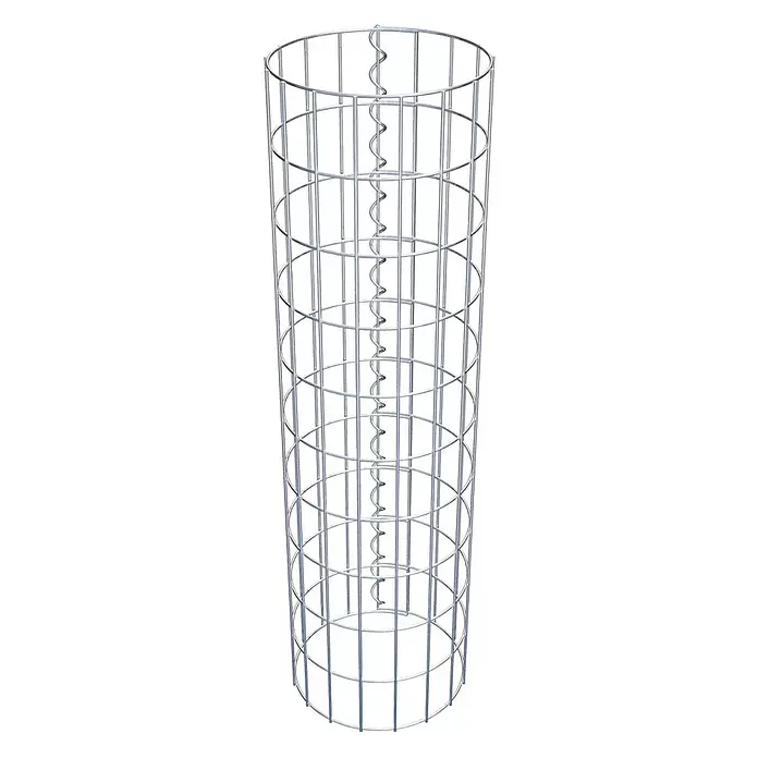 Gabiona Gabionensäule - Durchmesser: 27 cm, Höhe: 100 cm, Stahl, Maschenbreite: 50 mm, Maschenhöhe: 100 mm - Zylindrischer silberner Metallkäfig mit vertikalen Stäben, horizontalen Ringen und einer inneren Spiralstütze.