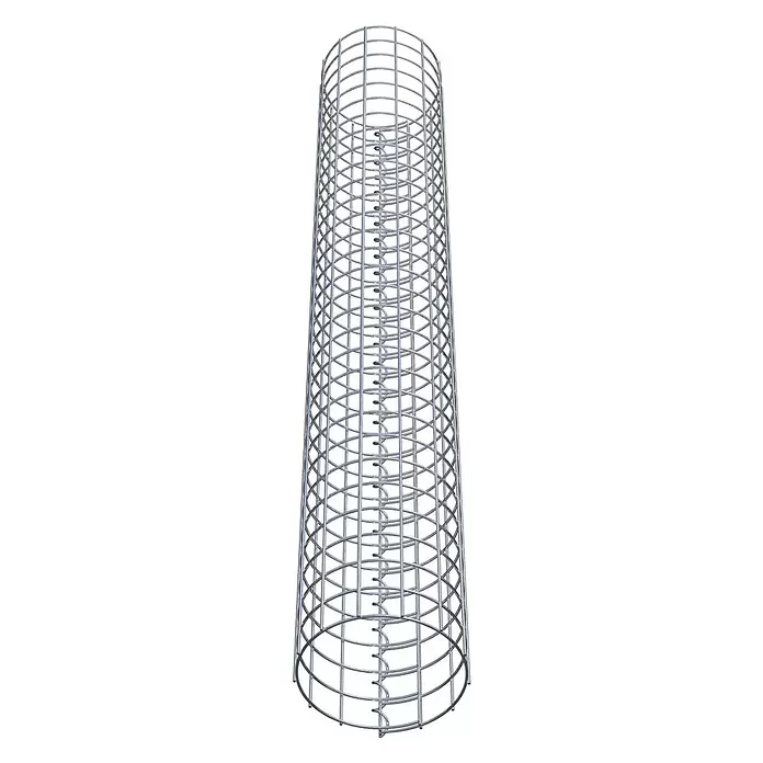 Gabiona Gabionensäule - Durchmesser: 22 cm, Höhe: 150 cm, Stahl, Maschenbreite: 50 mm, Maschenhöhe: 50 mm - Zylindrischer Drahtkäfig aus silbernem Metall mit vertikalen und gekrümmten Horizontalstäben sowie einer inneren Spiralstütze.