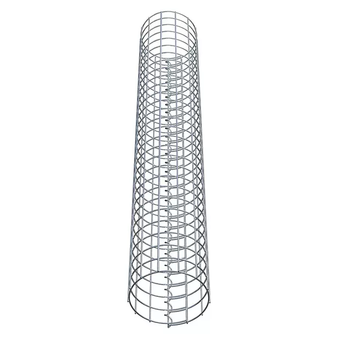 Gabiona Gabionensäule - Durchmesser: 22 cm, Höhe: 140 cm, Stahl, Maschenbreite: 50 mm, Maschenhöhe: 50 mm - Silberfarbener zylindrischer Metallbewehrungskorb mit vertikalen Stäben und einer spiralförmigen Innenstruktur.