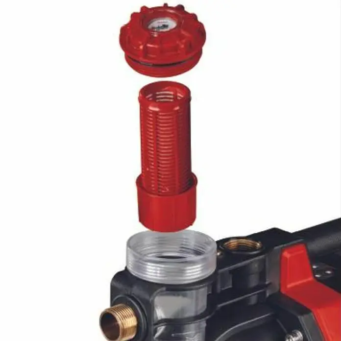 Einhell PXC 18V Bomba de agua para jardín de batería 36/38 F LED Automatic - 18 V, Iones de litio, Sin batería, Capacidad de bombeo máx.: 3.800 l/h - Vista explosionada de una bomba de agua con filtro rojo y carcasa transparente para una visión detallada.