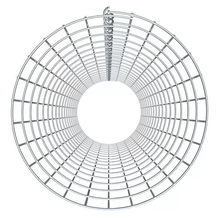 Gabiona Gabionensäule - Durchmesser: 42 cm, Höhe: 170 cm, Stahl, Maschenbreite: 50 mm, Maschenhöhe: 100 mm - Runder silberner Metallgittertunnel, von oben gesehen, mit spiralförmigem Oberteil.