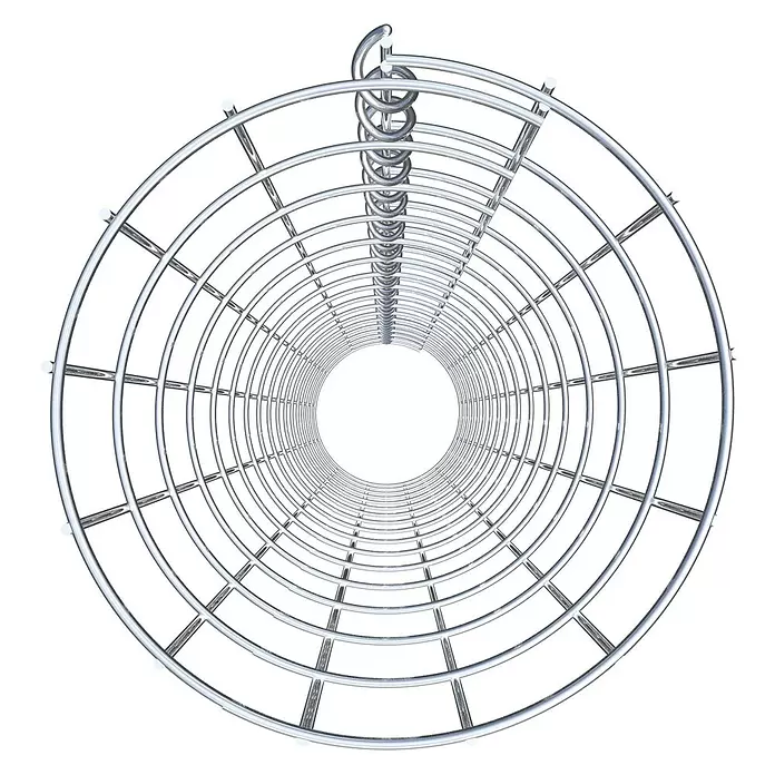 Gabiona Gabionensäule - Durchmesser: 22 cm, Höhe: 160 cm, Stahl, Maschenbreite: 50 mm, Maschenhöhe: 100 mm, Spirale - Silberfarbener, runder Metallkäfigtunnel mit innerer Wendeltreppe, vom Ende gesehen.