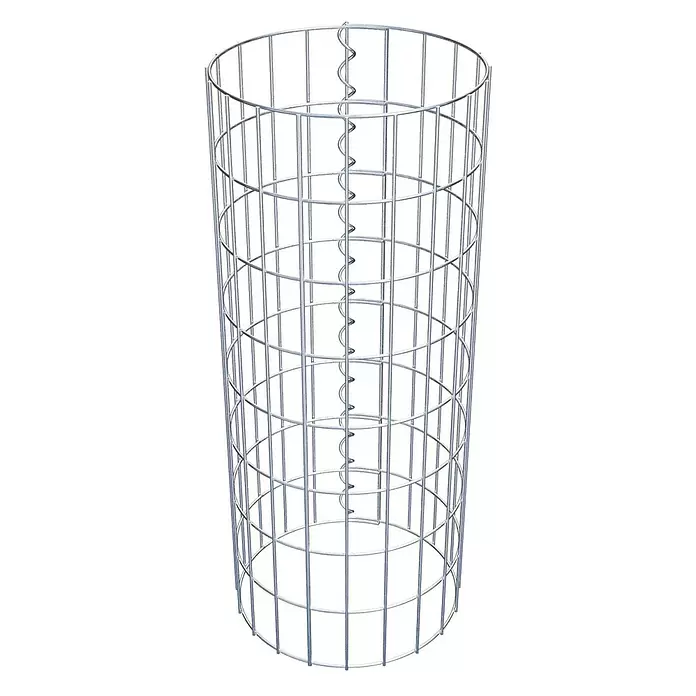 Gabiona Gabionensäule - Durchmesser: 32 cm, Höhe: 80 cm, Stahl, Maschenbreite: 50 mm, Maschenhöhe: 100 mm, Spirale - Zylindrischer Gabionenkorb aus silberfarbenem Metallgitter mit vertikalen und horizontalen Stäben und Spiralverbindung.