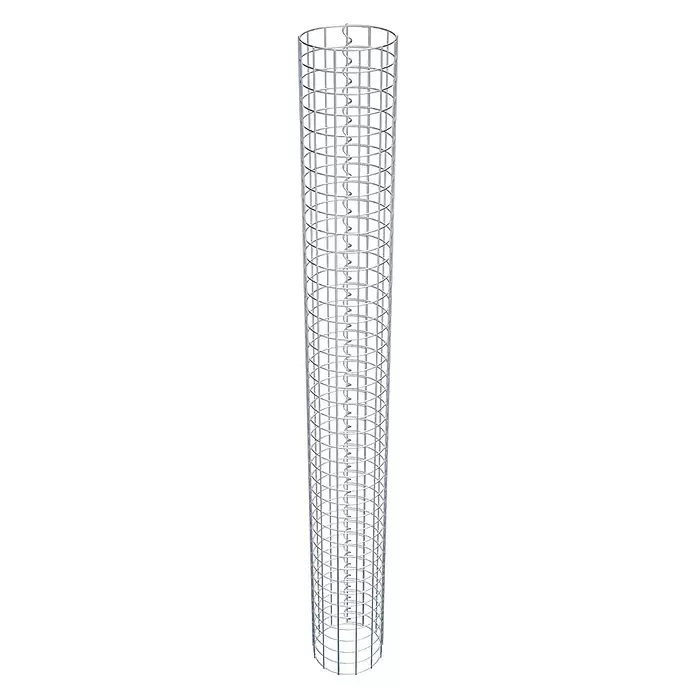 Gabiona Gabionensäule - Durchmesser: 22 cm, Stahl, Maschenbreite: 50 mm, Maschenhöhe: 50 mm, Verschlussart Gabione: Verschweißt - Zylindrischer Drahtkäfig aus silbernem Metall mit einer spiralförmigen Stütze in der Mitte.