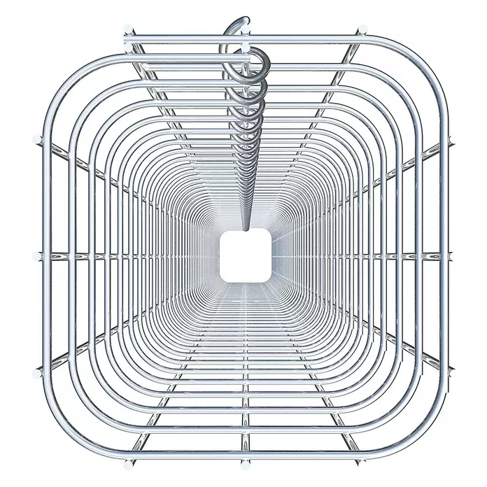 Gabiona Gabionensäule - 17 x 17 x 220 cm, Stahl, Maschenbreite: 50 mm, Maschenhöhe: 50 mm - Verchromter Metallgittertunnel mit quadratischer Öffnung, von innen gesehen, als Gestell oder Käfigstruktur.