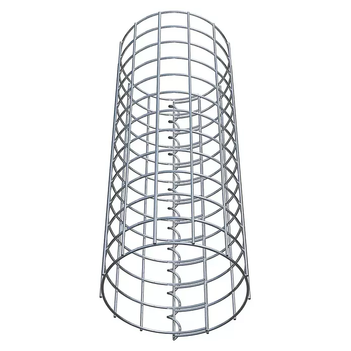 Gabiona Gabionensäule - Durchmesser: 22 cm, Höhe: 60 cm, Stahl, Maschenbreite: 50 mm, Maschenhöhe: 50 mm - Silberner Drahtgitterzylinder aus Metall, wahrscheinlich ein Baumschutz, mit innerer Spiralstütze.