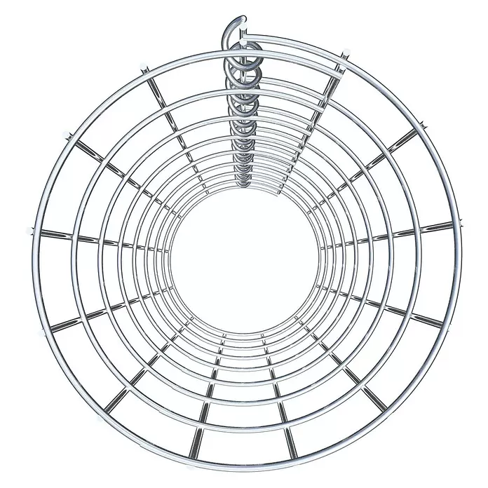 Gabiona Gabionensäule - Durchmesser: 22 cm, Höhe: 80 cm, Stahl, Maschenbreite: 50 mm, Maschenhöhe: 100 mm, Spirale - Spiralförmige Chrommetallleiter mit äußerem Schutzkäfig, von unten gesehen.