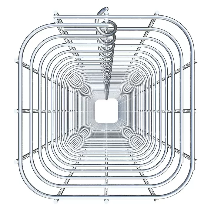 Gabiona Gabionensäule - 17 x 17 x 210 cm, Stahl, Maschenbreite: 50 mm, Maschenhöhe: 50 mm - Glänzende metallische quadratische Tunnelstruktur mit einer zentralen spiralförmigen Schiene, die einen Tiefenblick erzeugt.
