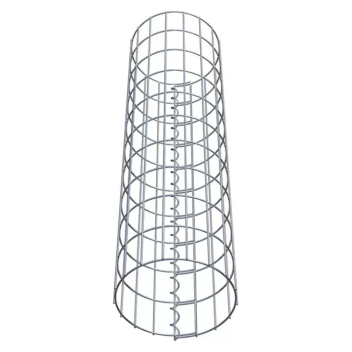 Gabiona Gabionensäule - Durchmesser: 27 cm, Höhe: 100 cm, Stahl, Maschenbreite: 50 mm, Maschenhöhe: 100 mm - Zylindrischer silberner Metall-Gabionen- oder Baumkäfig mit vertikalen Stäben, horizontalen Ringen und einer inneren Spiralstütze.