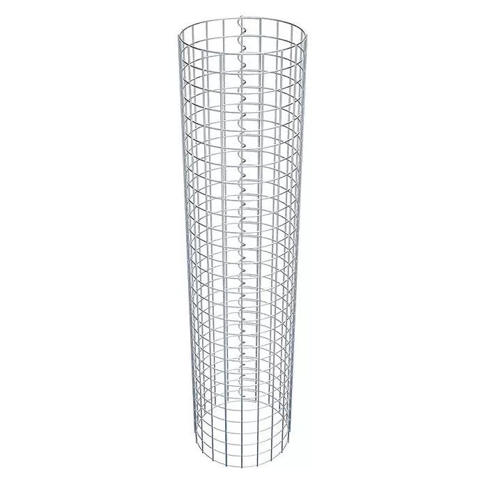 Gabiona Gabionensäule - Durchmesser: 32 cm, Höhe: 140 cm, Stahl, Maschenbreite: 50 mm, Maschenhöhe: 50 mm - Eine zylindrische Drahtgitterstruktur aus silbernem Metall mit vertikalem Spiralgeflecht, ideal für Gabionen oder Gartennutzung.