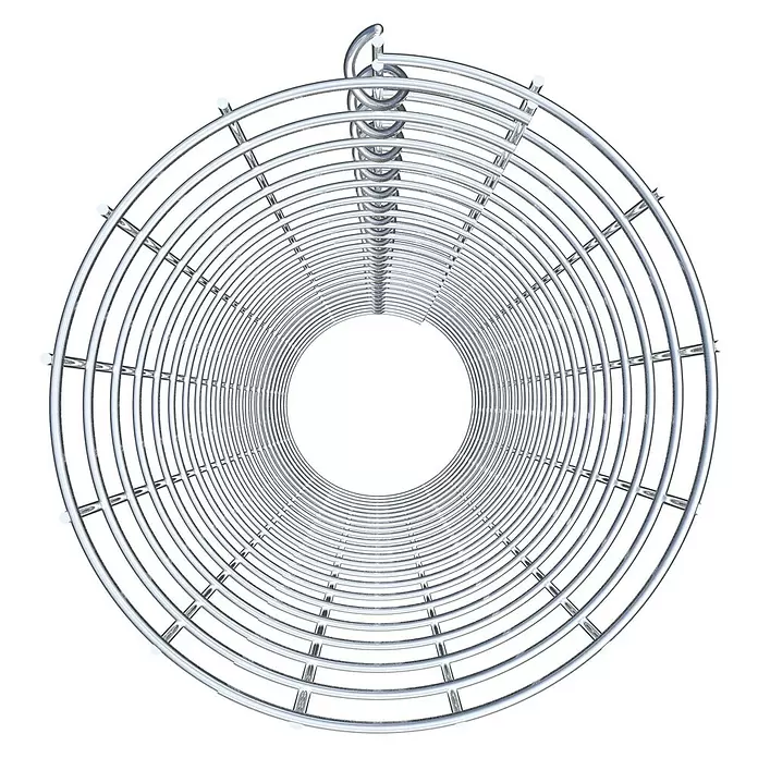 Gabiona Gabionensäule - Durchmesser: 22 cm, Höhe: 110 cm, Stahl, Maschenbreite: 50 mm, Maschenhöhe: 50 mm - Silbernes metallisches Spiralgitter, möglicherweise ein Lüfterschutz oder Schutzgitter, mit offener Mitte.