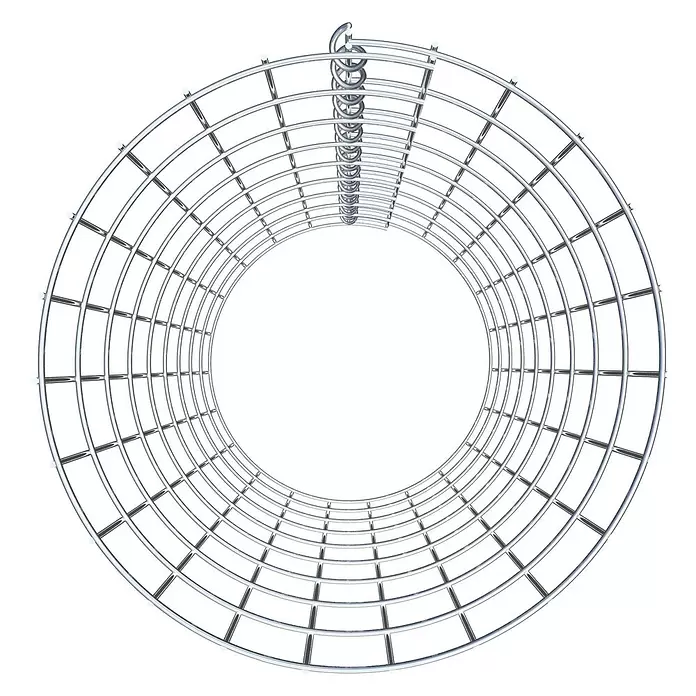 Gabiona Gabionensäule - Durchmesser: 37 cm, Höhe: 90 cm, Stahl, Maschenbreite: 50 mm, Maschenhöhe: 100 mm - Silberfarbenes zylindrisches Metallgitter mit zentraler Spirale, von innen betrachtet.