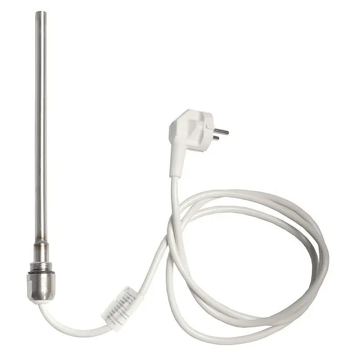 Szagato Heizstab - 300 W, Edelstahl - Heizstab mit Stecker. Der Heizstab ist aus Metall und hat einen weißen Stecker mit Kabel. Geeignet zum Erhitzen von Wasser.