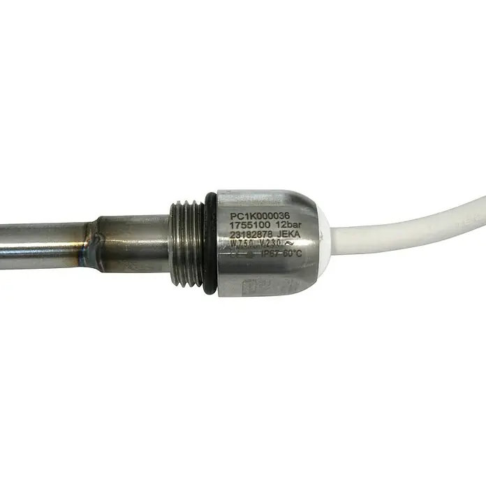 Szagato Heizstab - 750 W, Edelstahl - Nahaufnahme eines Drucksensors aus Edelstahl mit lesbarer Beschriftung und weißem Kabel.