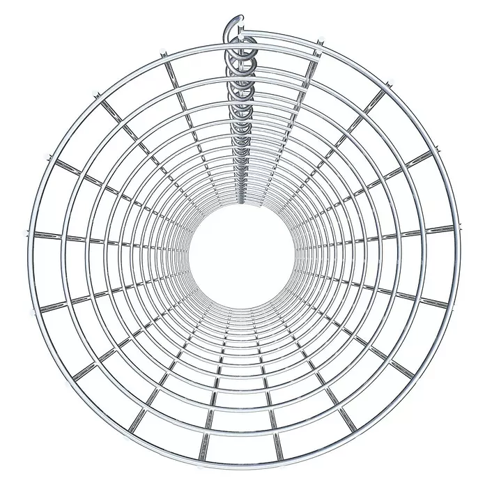 Gabiona Gabionensäule - Durchmesser: 27 cm, Höhe: 160 cm, Stahl, Maschenbreite: 50 mm, Maschenhöhe: 100 mm, Spirale - Glänzendes, silbernes Metallgitterrohr mit Spiralbindung, zylindrisch geformt, frontal betrachtet.