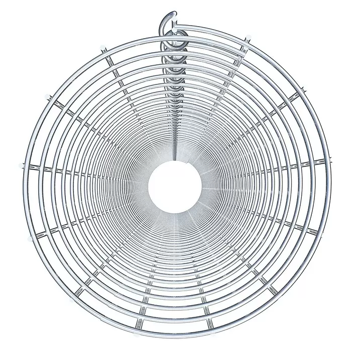 Gabiona Gabionensäule - Durchmesser: 22 cm, Stahl, Maschenbreite: 50 mm, Maschenhöhe: 50 mm, Verschlussart Gabione: Verschweißt - Silberfarbener, metallischer Spiral-Lüfterschutz mit kreisförmigem Gittermuster, von vorne gesehen.