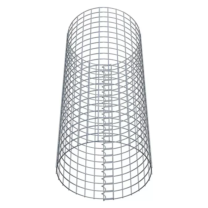 Gabiona Gabionensäule - Durchmesser: 47 cm, Höhe: 110 cm, Stahl, Maschenbreite: 50 mm, Maschenhöhe: 50 mm - Zylindrische Gitterkonstruktion aus silbernem Metallgeflecht mit innerer Spiralverbindung, oft für Gabionen oder Baumschutz verwendet.