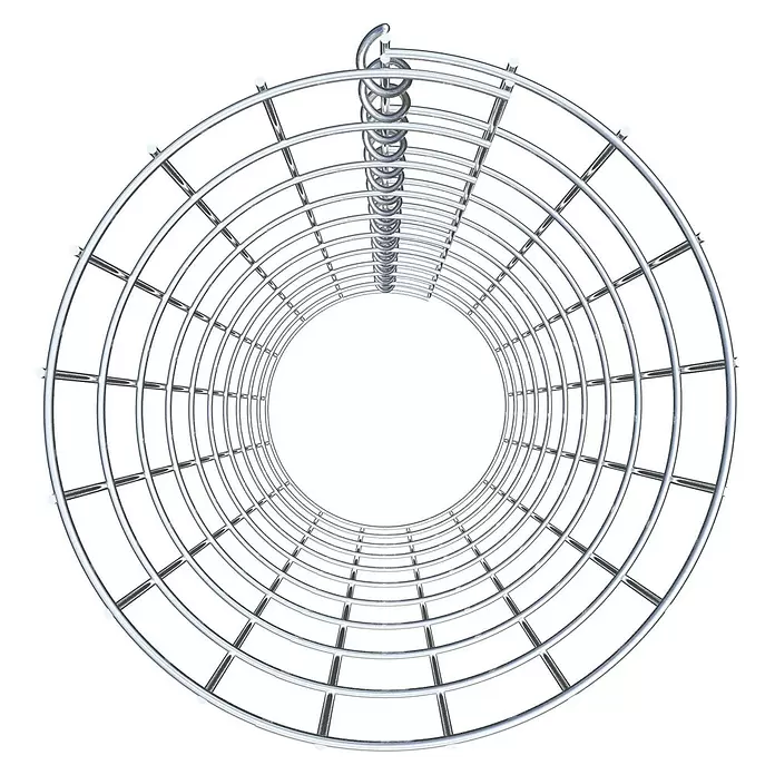 Gabiona Gabionensäule - Durchmesser: 27 cm, Höhe: 100 cm, Stahl, Maschenbreite: 50 mm, Maschenhöhe: 100 mm - Silbernes Metall-Zylindergitter mit zentraler Spirale, von innen betrachtet.