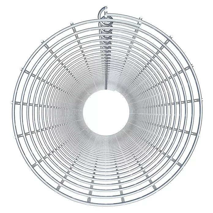 Gabiona Gabionensäule - Durchmesser: 27 cm, Höhe: 160 cm, Stahl, Maschenbreite: 50 mm, Maschenhöhe: 50 mm, Spirale - Verchromter zylindrischer Käfig aus Metallstäben mit markanter Spiralkrone, ähnlich einem Lüfterschutz oder Filterbauteil.