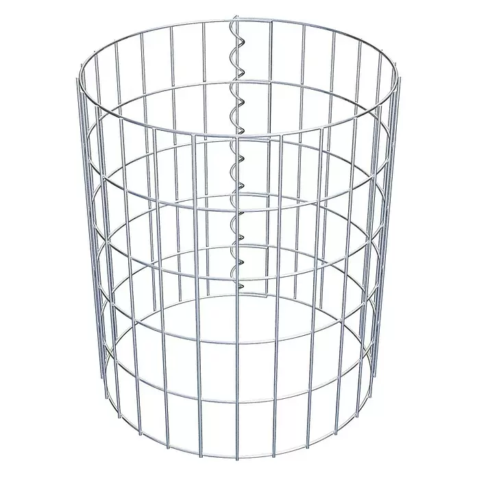 Gabiona Gabionensäule - Durchmesser: 42 cm, Höhe: 50 cm, Stahl, Maschenbreite: 50 mm, Maschenhöhe: 100 mm - Silberner zylindrischer Gabionen-Drahtkorb mit vertikalen und horizontalen Drähten, mit Spiralkonnektor befestigt.