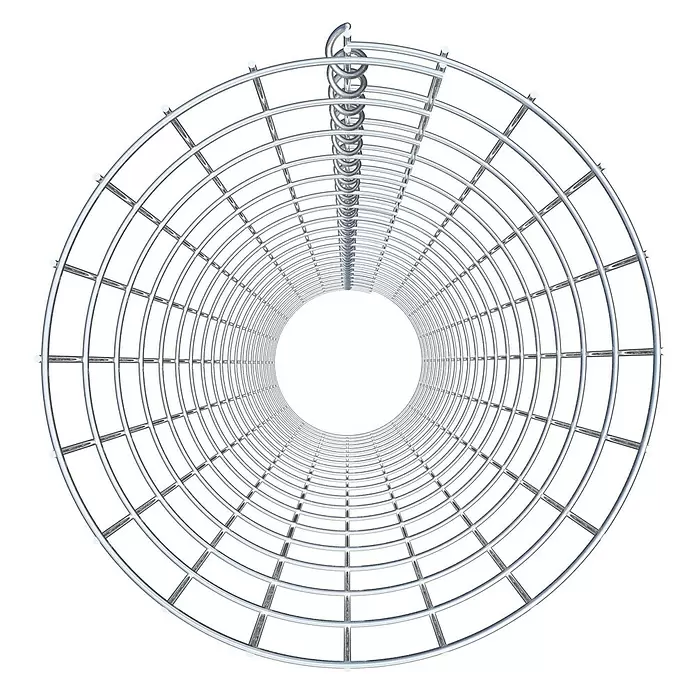 Gabiona Gabionensäule - Höhe: 200 cm, Stahl, Maschenbreite: 50 mm, Maschenhöhe: 100 mm - Kreisförmiger Gittertunnel aus silbernem Metall mit Spiralelement oben, in die Ferne verlaufend.
