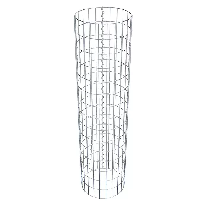 Gabiona Gabionensäule - Durchmesser: 37 cm, Höhe: 150 cm, Stahl, Maschenbreite: 50 mm, Maschenhöhe: 100 mm - Silberfarbener zylindrischer Drahtkäfig, wahrscheinlich für Gabionen oder Pflanzenstützen, mit einer zentralen Spiralwindung.