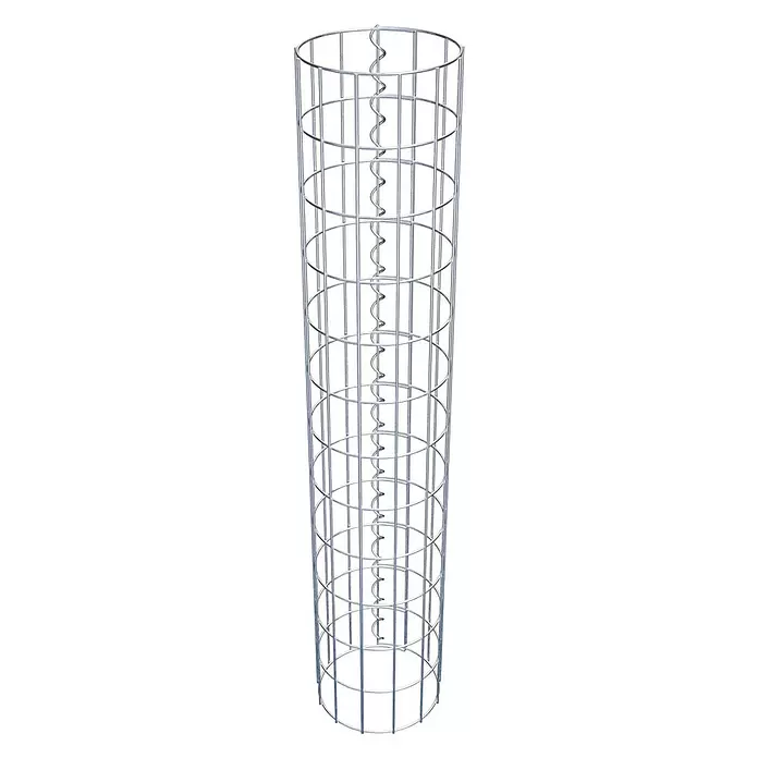 Gabiona Gabionensäule - Durchmesser: 22 cm, Höhe: 120 cm, Stahl, Maschenbreite: 50 mm, Maschenhöhe: 100 mm - Hoher, zylindrischer silberner Metallgitterkäfig mit horizontalen Ringen und zentraler Spirale, ideal als Pflanzenstütze.
