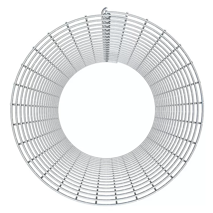 Gabiona Gabionensäule - Durchmesser: 47 cm, Höhe: 90 cm, Stahl, Maschenbreite: 50 mm, Maschenhöhe: 50 mm - Kreisförmiges glänzendes silbernes Lüftergitter mit spiralförmiger Aufhängung oben.