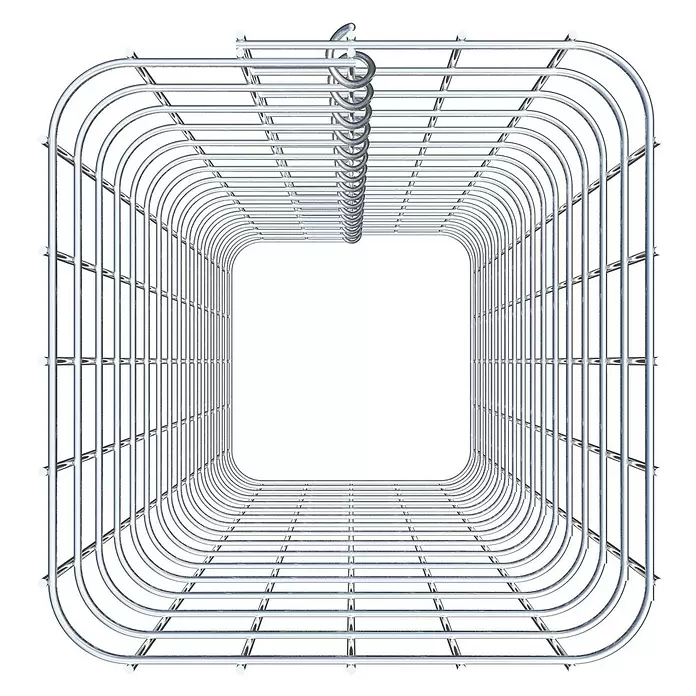 Gabiona Gabionensäule - 27 x 80 cm, Stahl, Maschenbreite: 50 mm, Maschenhöhe: 50 mm - Glänzendes silbernes Metallgitter, das einen quadratischen Tunnel mit abgerundeten Ecken und Aufhängehaken an der Oberseite bildet.