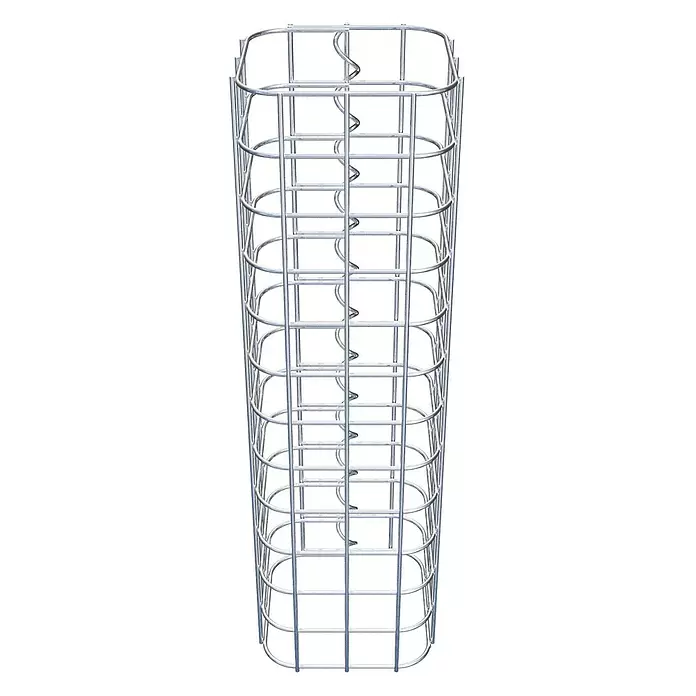 Gabiona Gabionensäule - 17 x 17 x 60 cm, Stahl, Maschenbreite: 50 mm, Maschenhöhe: 50 mm - Hoher, rechteckiger Silbermetalldrahtkorb mit innerem Spiralelement, wahrscheinlich für einen Saunaofen.