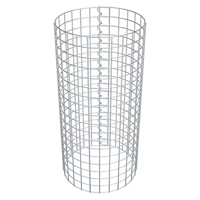 Gabiona Gabionensäule - Durchmesser: 42 cm, Höhe: 90 cm, Stahl, Maschenbreite: 50 mm, Maschenhöhe: 50 mm - Zylindrischer Behälter aus silbernem Drahtgeflecht mit Gittermuster und spiralförmigem Verbinder.