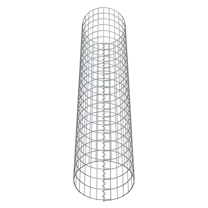 Gabiona Gabionensäule - Durchmesser: 42 cm, Höhe: 200 cm, Stahl, Maschenbreite: 50 mm, Maschenhöhe: 100 mm, Spirale - Konischer silberner Metallgitterkäfig mit vertikalen Hakenverbindungen.