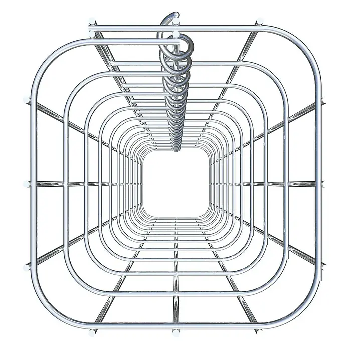 Gabiona Gabionensäule - 17 x 17 x 110 cm, Metall, Maschenbreite: 50 mm, Maschenhöhe: 100 mm - Perspektive eines langen, verspiegelten Tunnels mit rechteckigen Rahmen und spiralförmigen Aufhängern.