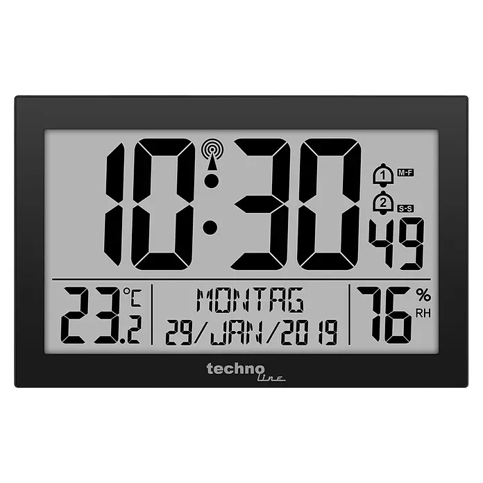 Technoline Funkwanduhr WS8016 - Digitales Display, Batteriebetrieben, Schwarz - Schwarze Digitaluhr mit grauem LCD-Display, die Uhrzeit, Temperatur, Luftfeuchtigkeit, Datum und Weckereinstellungen anzeigt.