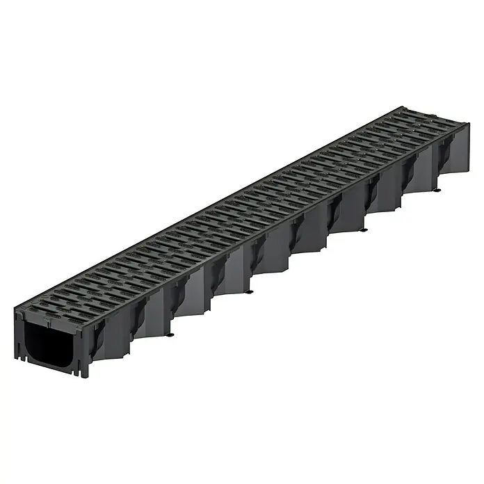 ACO Self Hexaline Kunststoffrinne - 100 x 12,9 x 8,2 cm, Schwarz, Material Rost: Kunststoff - Abgebildete ist eine schwarze Entwässerungsrinne. Die Rinne ist aus Kunststoff gefertigt und hat ein Gitterrost.