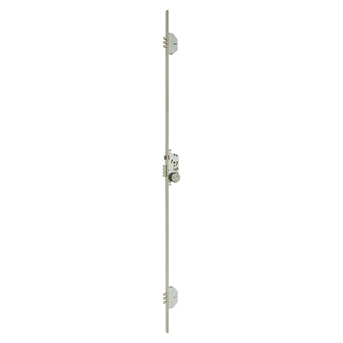 MCM Cerradura de embutir 702-3 con escudo 1850 A - L x An: 2.030 x 20 mm, Esmaltado, Plateado, Anchura placa: 50 mm - Primer plano de un torno vertical con husillo pintado de blanco y elementos de fijación, sobre fondo negro.