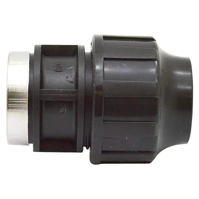 Codo angular Inox - Diámetro: 40 mm, Polietileno - Un accesorio de plástico negro con un conector roscado de metal de color plateado. Conector para tuberías y conductos, construcción robusta.